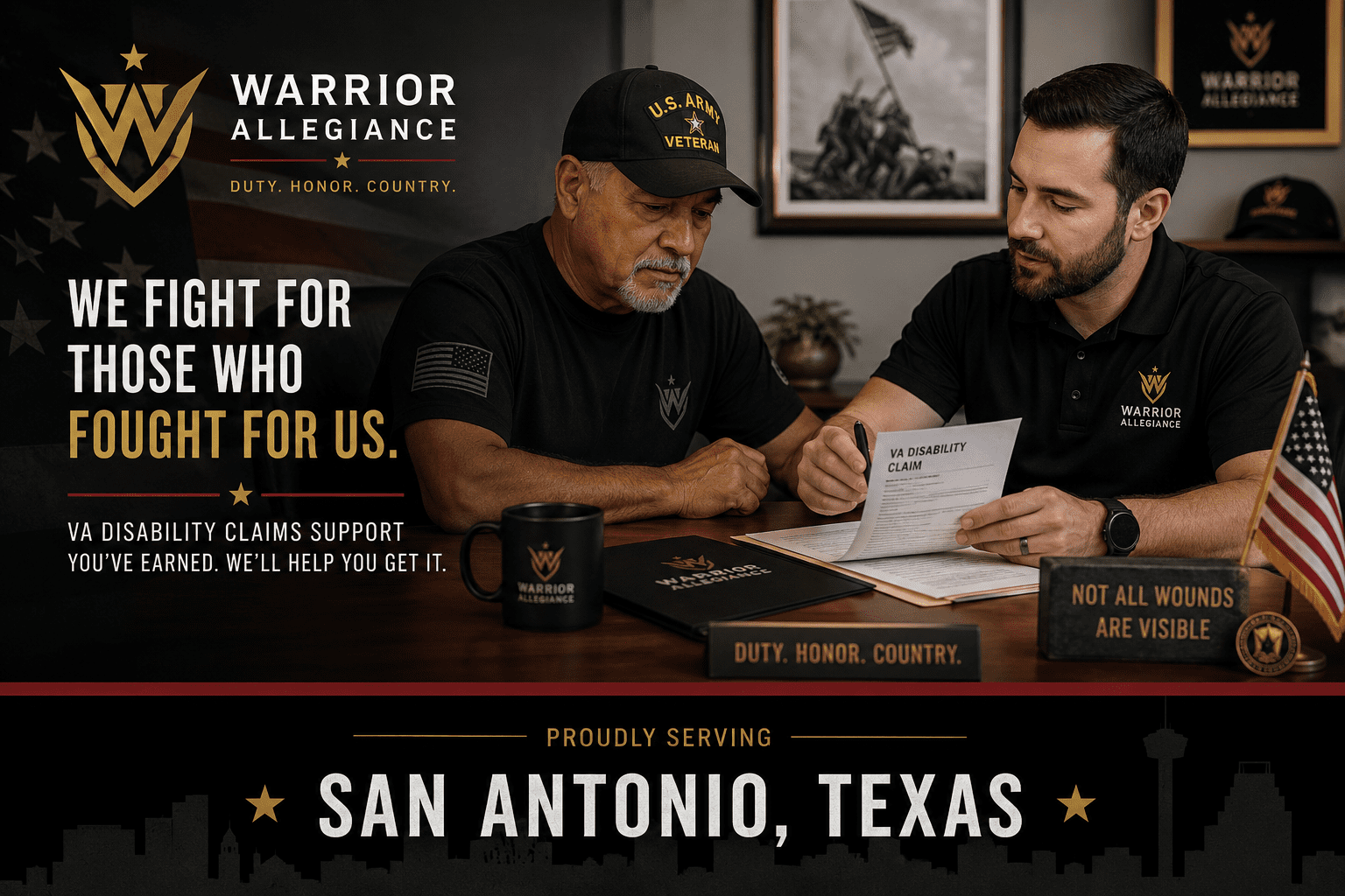 San Antonio veteran reviewing PTSD VA claim paperwork with a Warrior Allegiance specialist