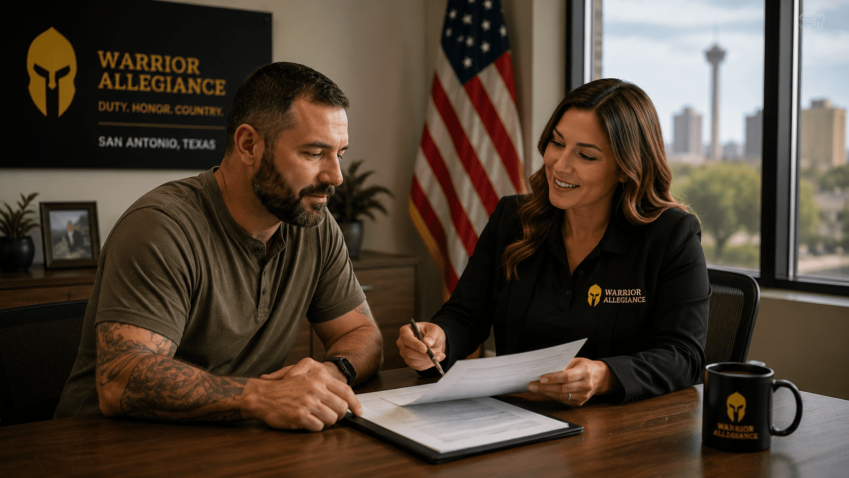 Veteran and a Warrior Allegiance advisor review VA disability claim paperwork in a bright San Antonio office