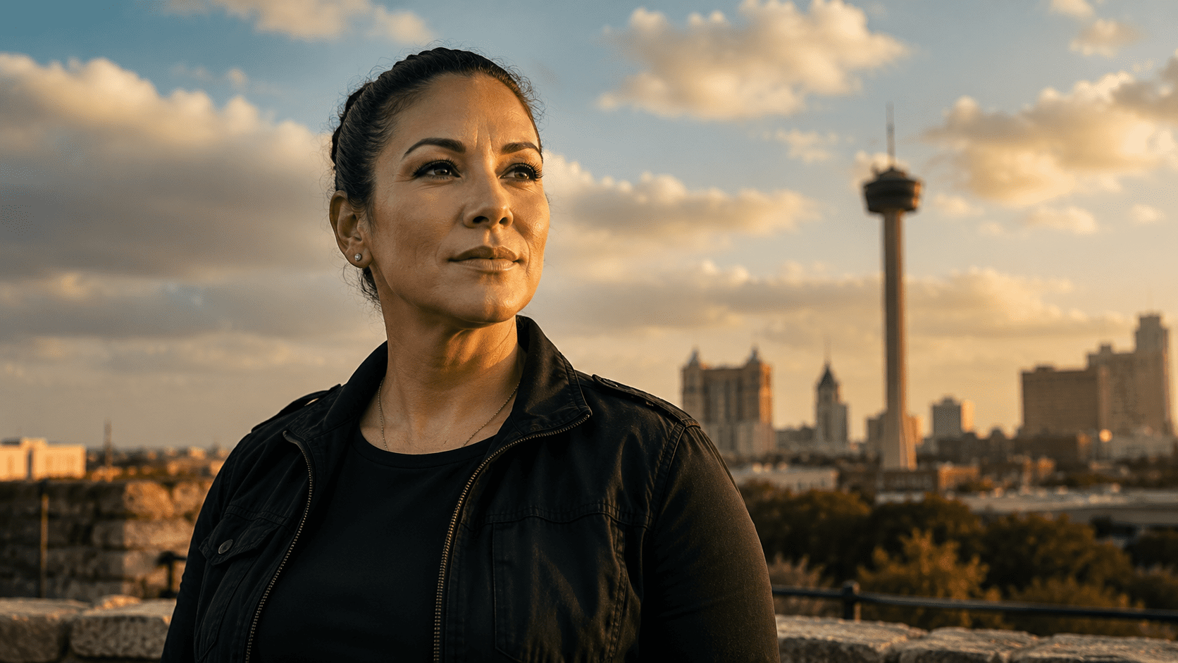 Woman military veteran standing in San Antonio at sunset, representing women veterans seeking fair VA disability ratings